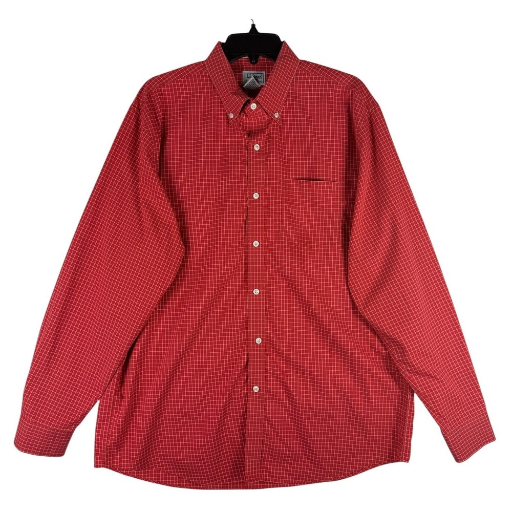LL Bean Mens Large Red White Micro Check Button‎ Down Long Sleeve Cotton Shirt
